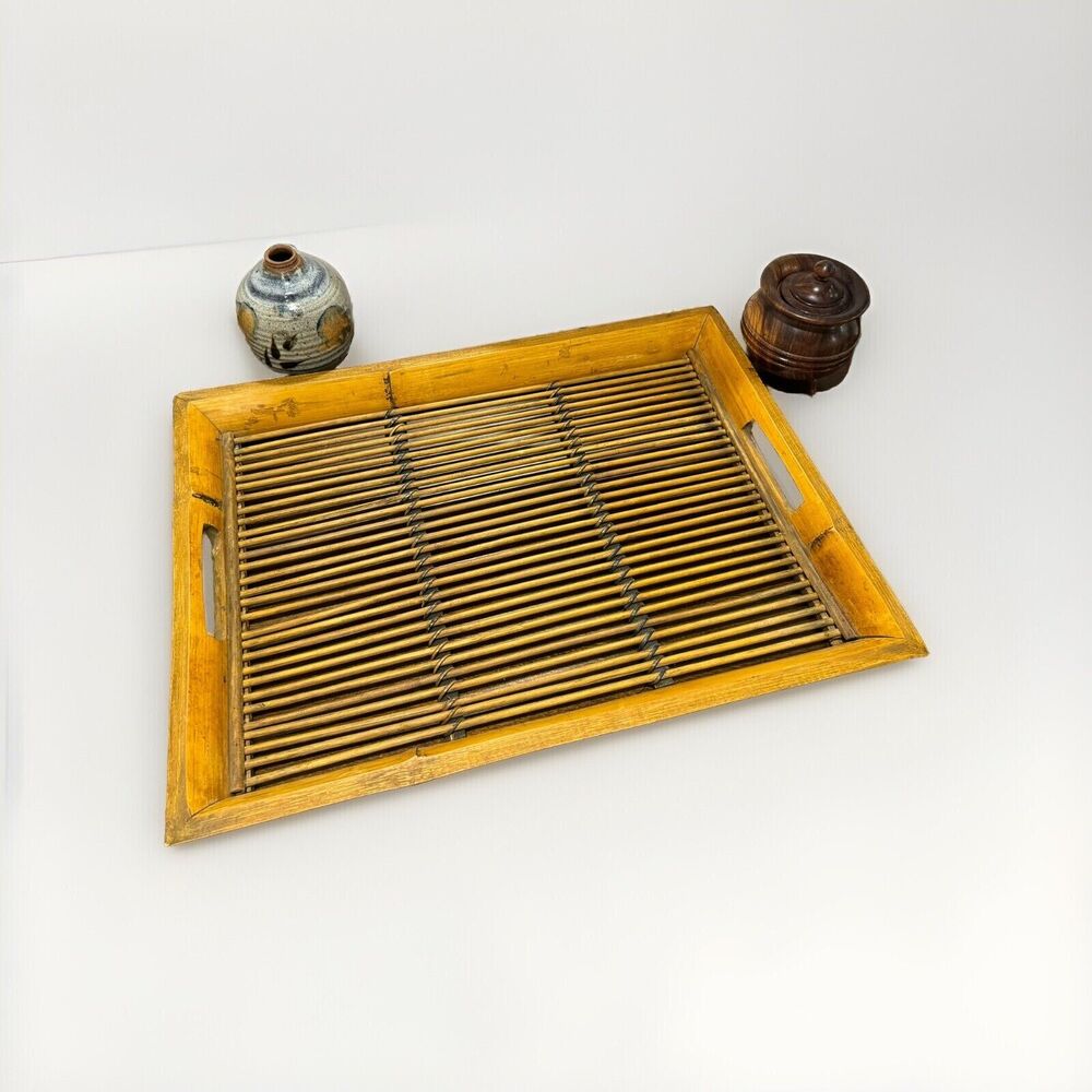 1960s Mid-Century Burnt Tortoise Motif Bamboo Rattan Serving Tray Boho Chic Tiki